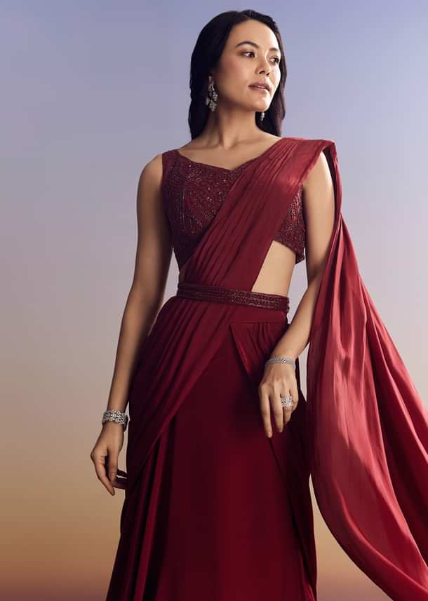 Red Lehenga Set With Cut Dana Blouse And Net Dupatta