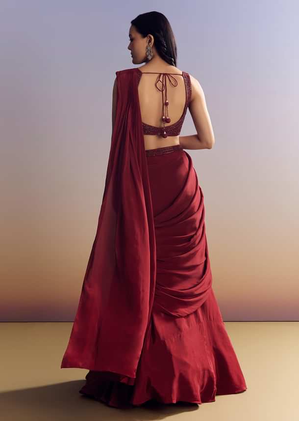 Red Lehenga Set With Cut Dana Blouse And Net Dupatta