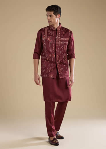 Red Linen Jacket Kurta Set with Resham Work