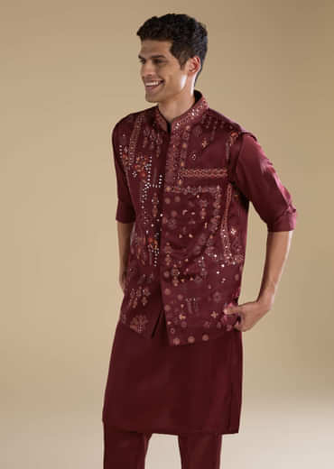 Red Linen Jacket Kurta Set with Resham Work