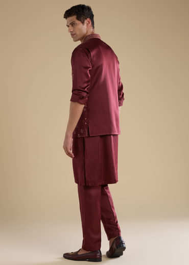 Red Linen Jacket Kurta Set with Resham Work