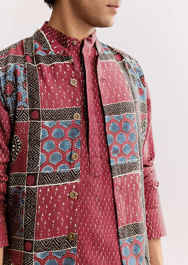 Red Linen Kurta Jacket Set With Ajrakh Print
