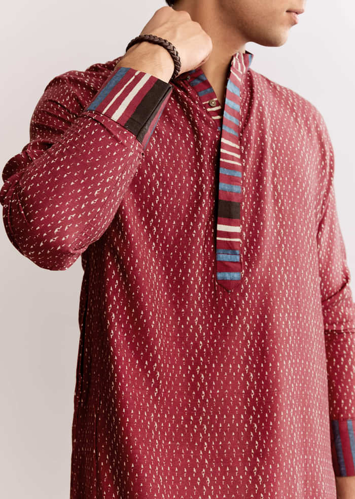 Red Linen Kurta Set With Ajrakh Print