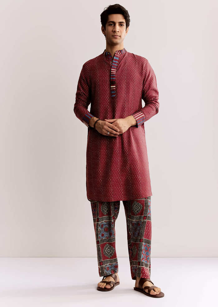 Red Linen Kurta Set With Ajrakh Print