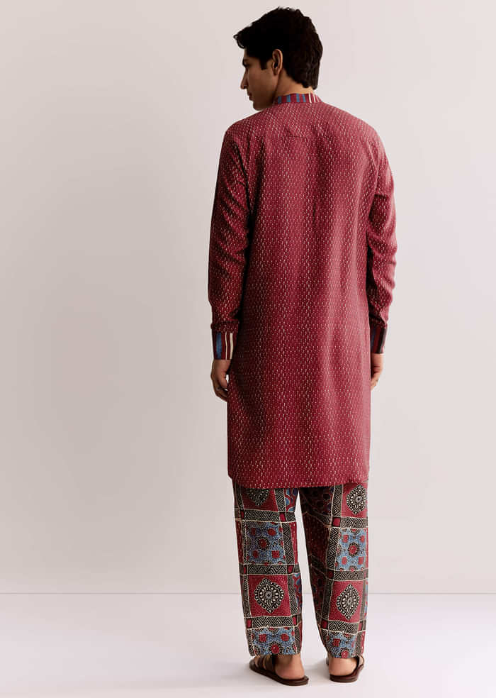 Red Linen Kurta Set With Ajrakh Print