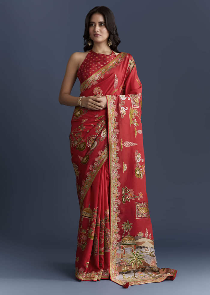 Red Magenta Dola Silk Saree With Nature Motifs And Embroidery