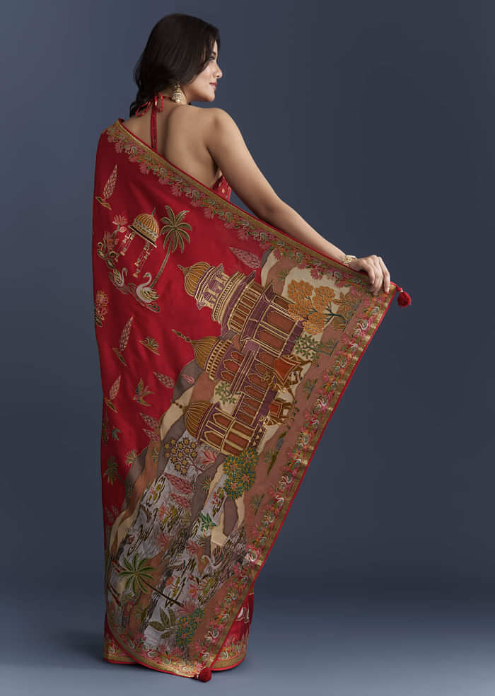 Red Magenta Dola Silk Saree With Nature Motifs And Embroidery