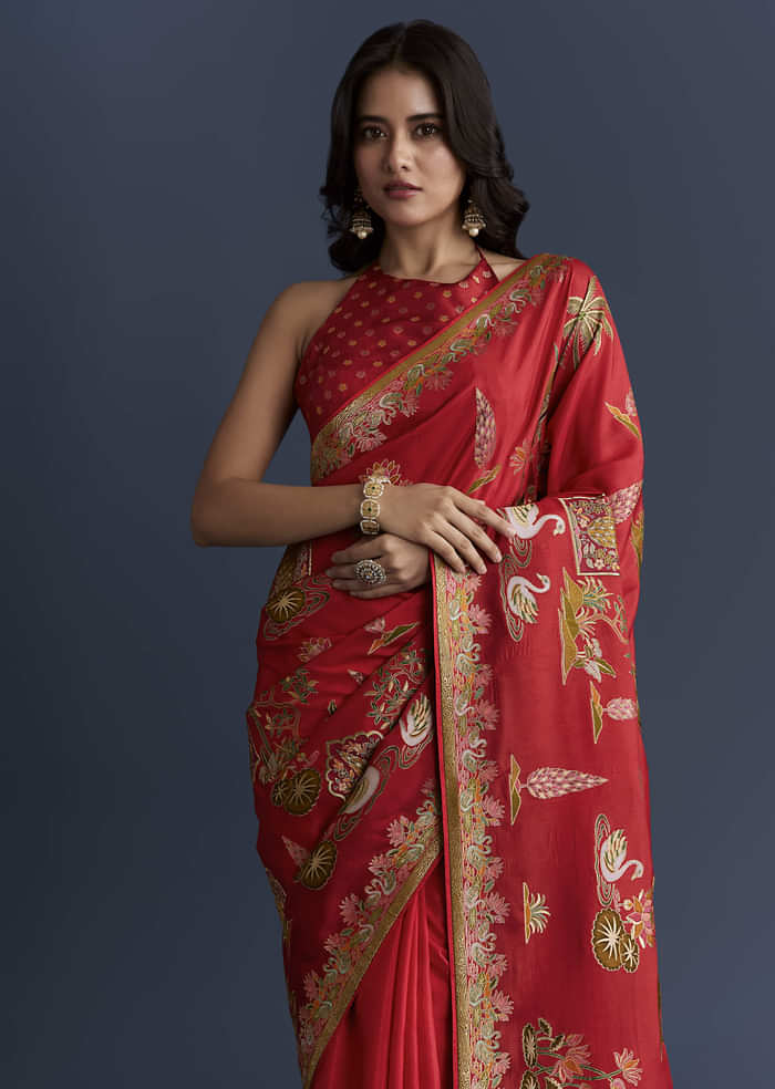 Red Magenta Dola Silk Saree With Nature Motifs And Embroidery