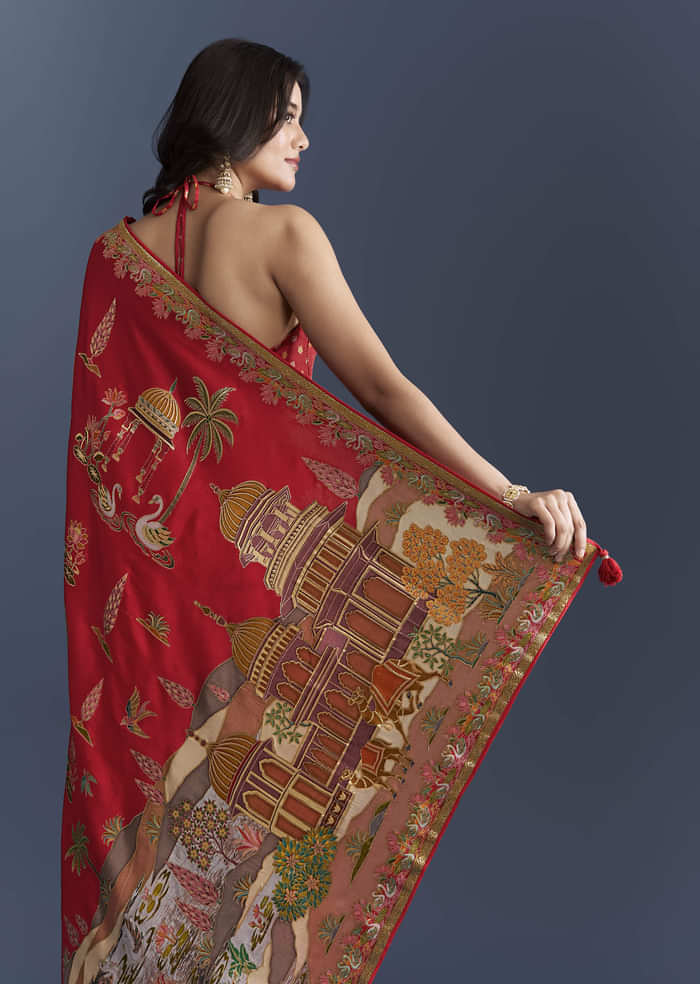 Red Magenta Dola Silk Saree With Nature Motifs And Embroidery