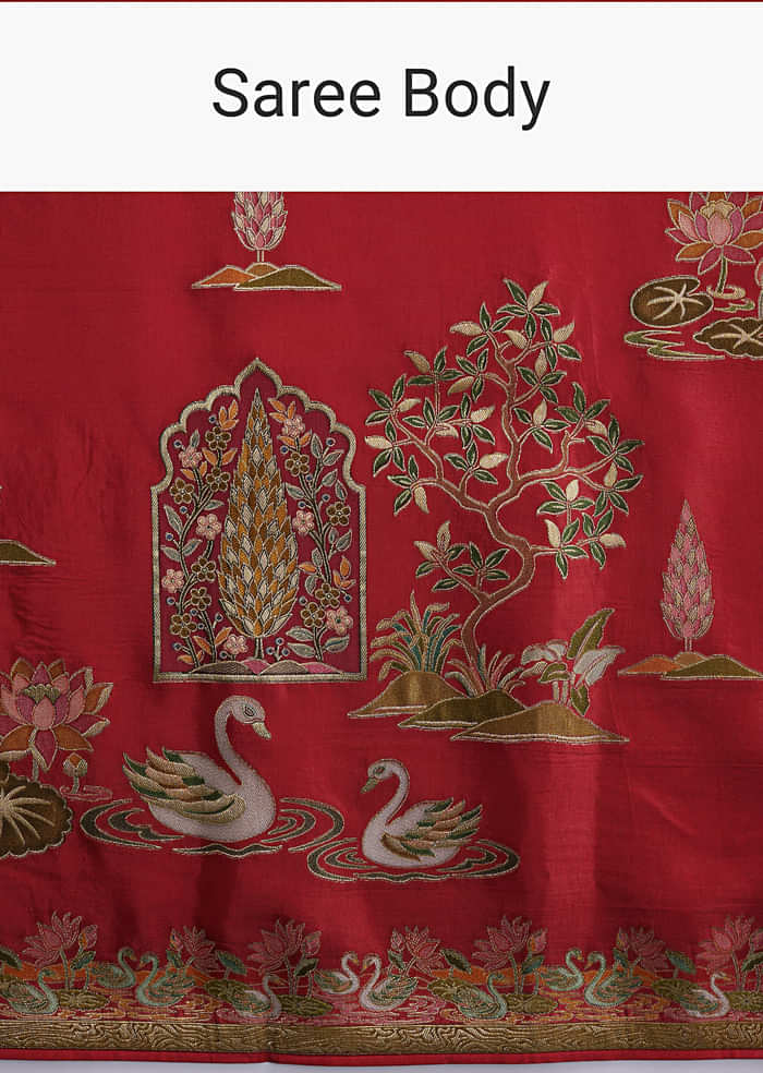 Red Magenta Dola Silk Saree With Nature Motifs And Embroidery
