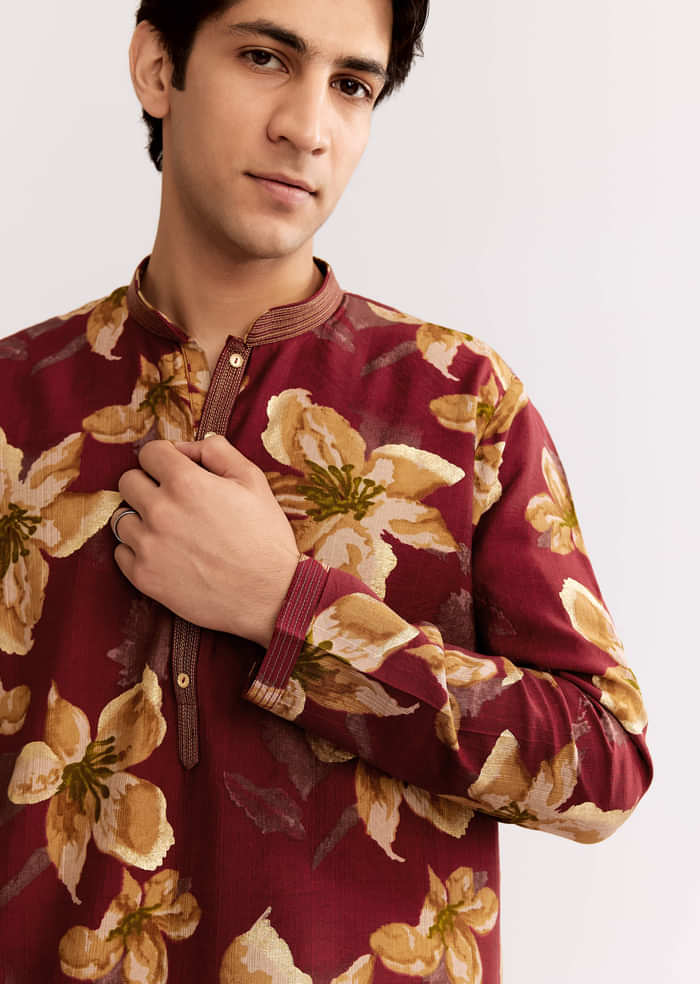 Red Maroon Silk Kurta Set With Floral Print