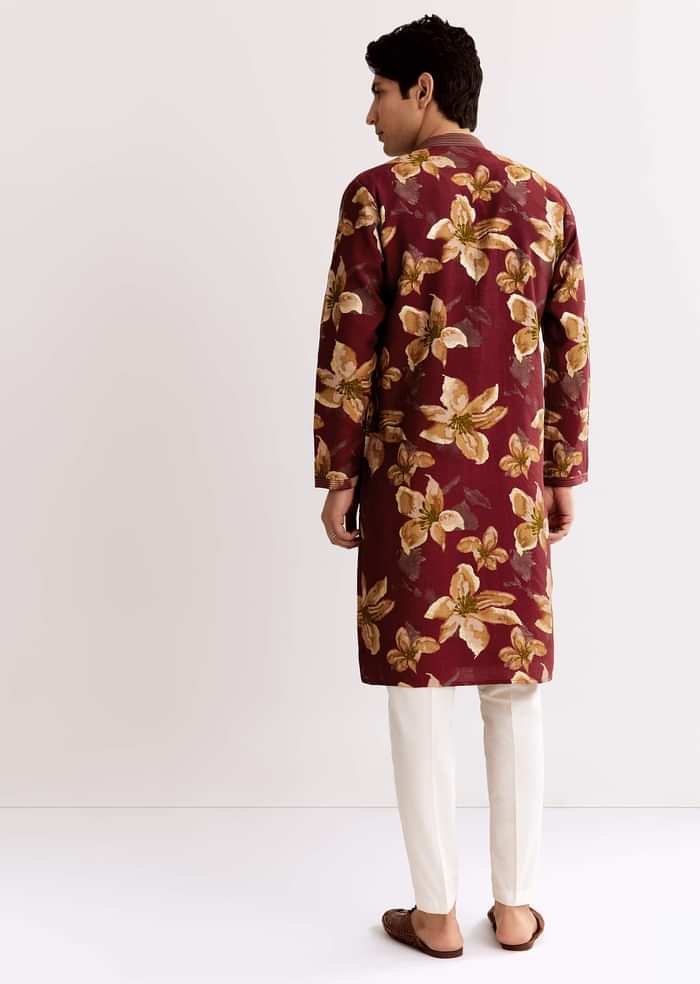 Red Maroon Silk Kurta Set With Floral Print