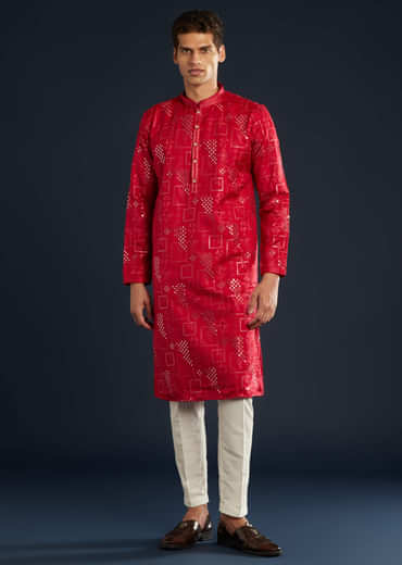 Red Mens Silk Abla Work Kurta Set