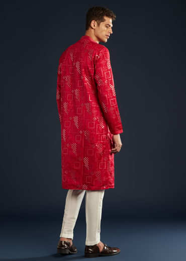Red Mens Silk Abla Work Kurta Set