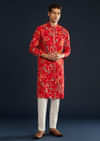 Red Mens Silk Kurta Set with Floral Prints