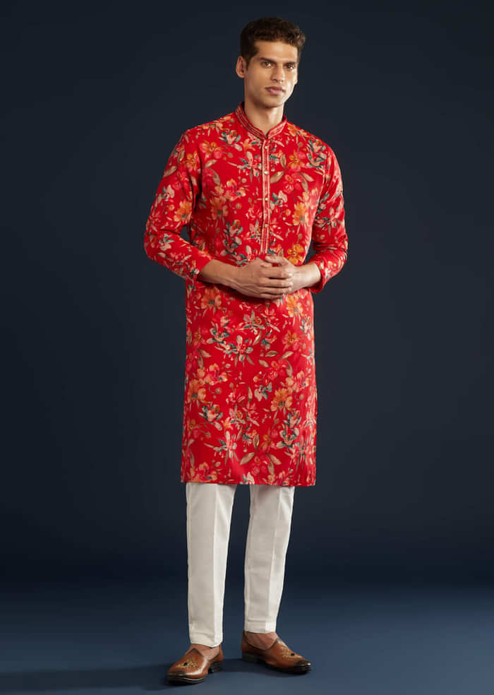 Red Mens Silk Kurta Set with Floral Prints