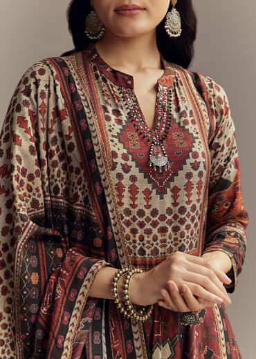 Red Muslin Printed Anarkali Suit