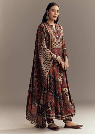 Red Muslin Printed Anarkali Suit