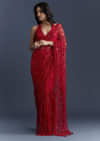 Red Net Saree With Floral Sequins Embroidery