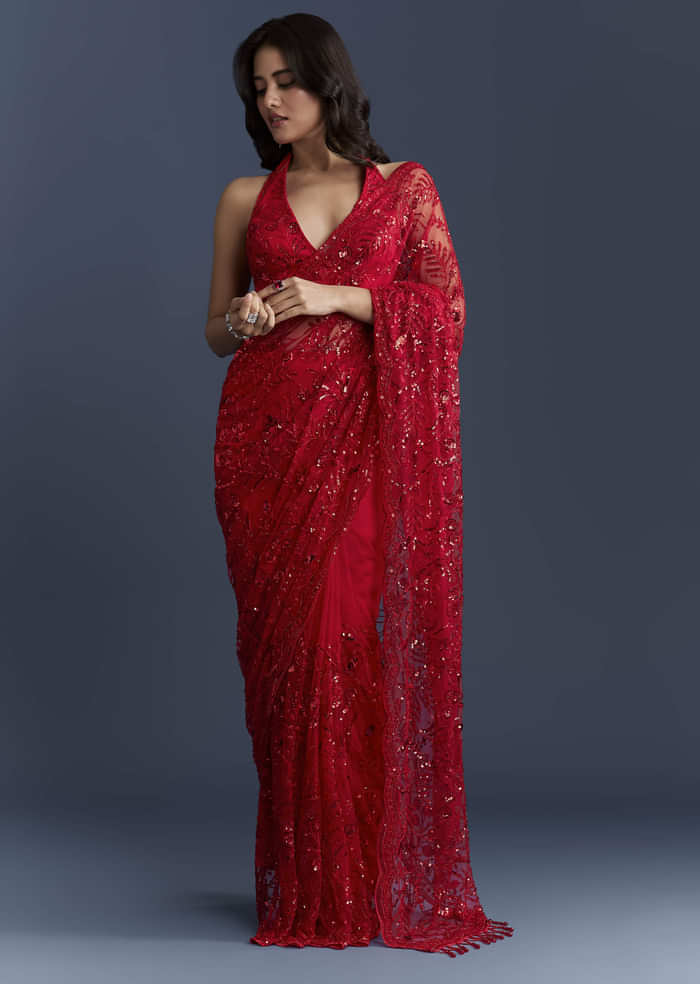 Red Net Saree With Floral Sequins Embroidery