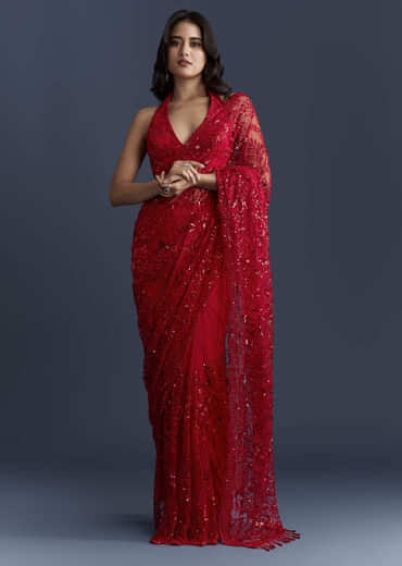 Red Net Saree With Floral Sequins Embroidery