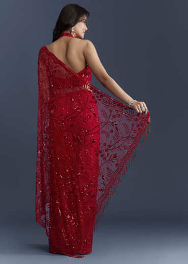 Red Net Saree With Floral Sequins Embroidery