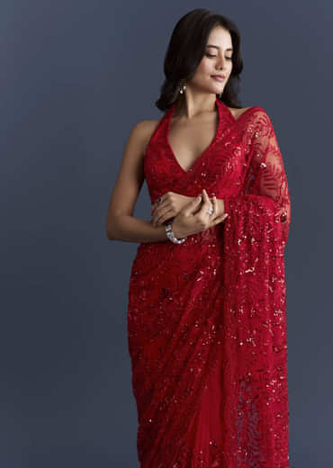 Red Net Saree With Floral Sequins Embroidery