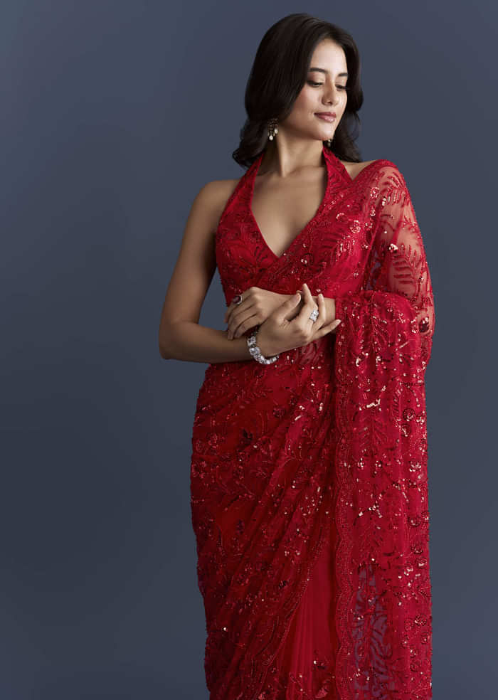 Red Net Saree With Floral Sequins Embroidery