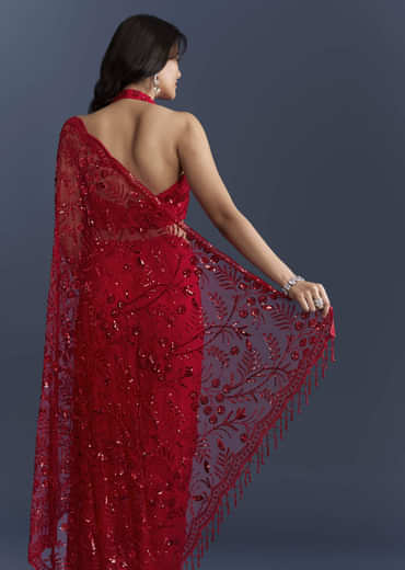 Red Net Saree With Floral Sequins Embroidery