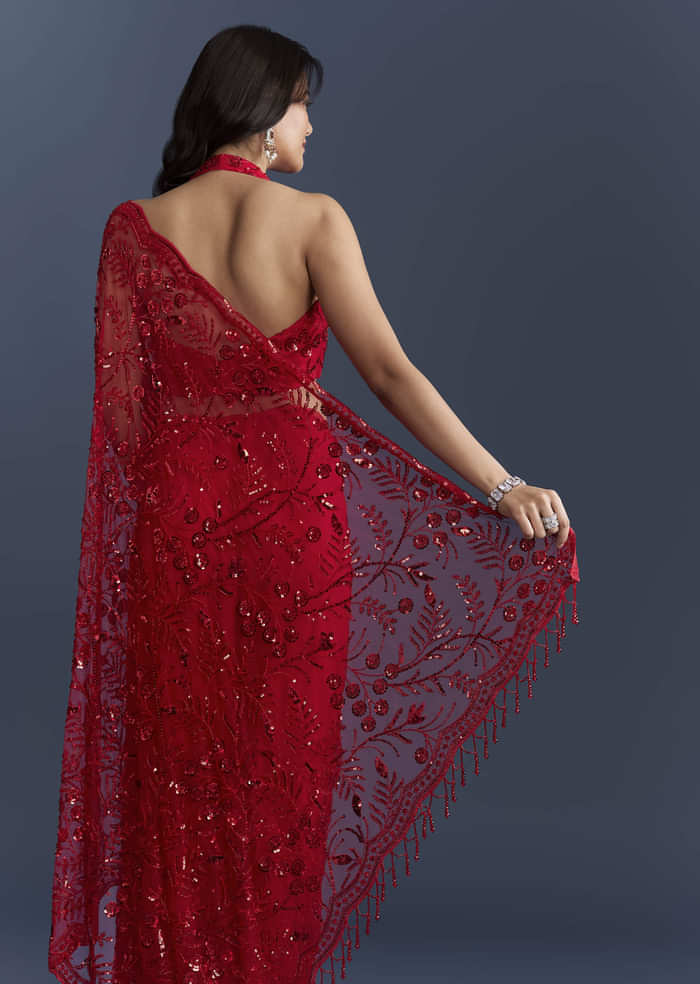 Red Net Saree With Floral Sequins Embroidery