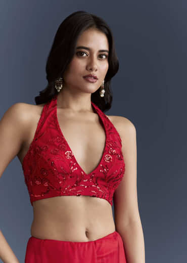 Red Net Saree With Floral Sequins Embroidery