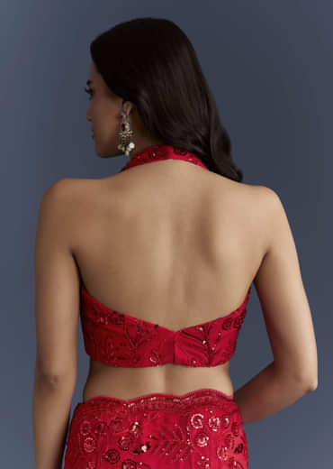 Red Net Saree With Floral Sequins Embroidery