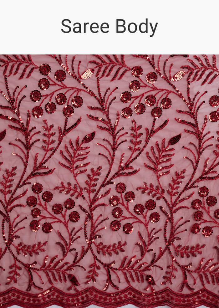 Red Net Saree With Floral Sequins Embroidery