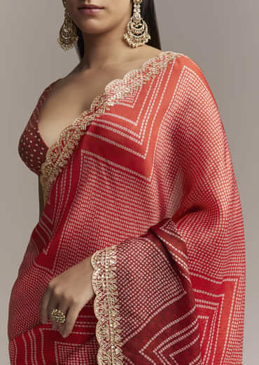 Red Ombre Satin Saree With Geometric Print And Gota Border