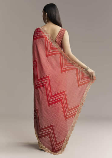 Red Ombre Satin Saree With Geometric Print And Gota Border