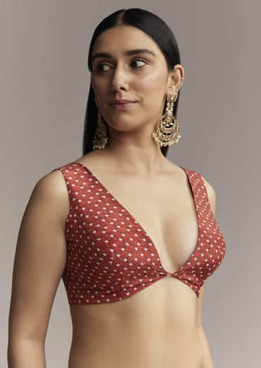 Red Ombre Satin Saree With Geometric Print And Gota Border
