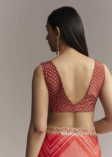 Red Ombre Satin Saree With Geometric Print And Gota Border
