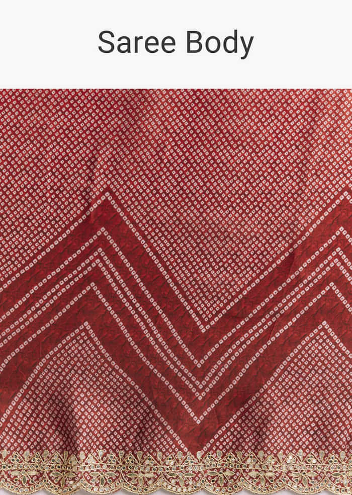 Red Ombre Satin Saree With Geometric Print And Gota Border