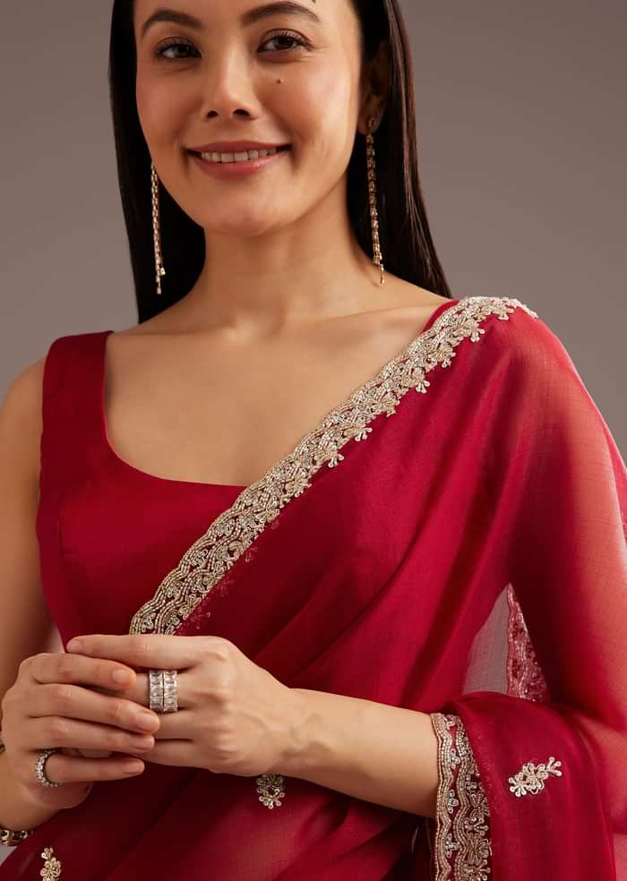 Red Organza Saree With Cutdana And Sequins Border