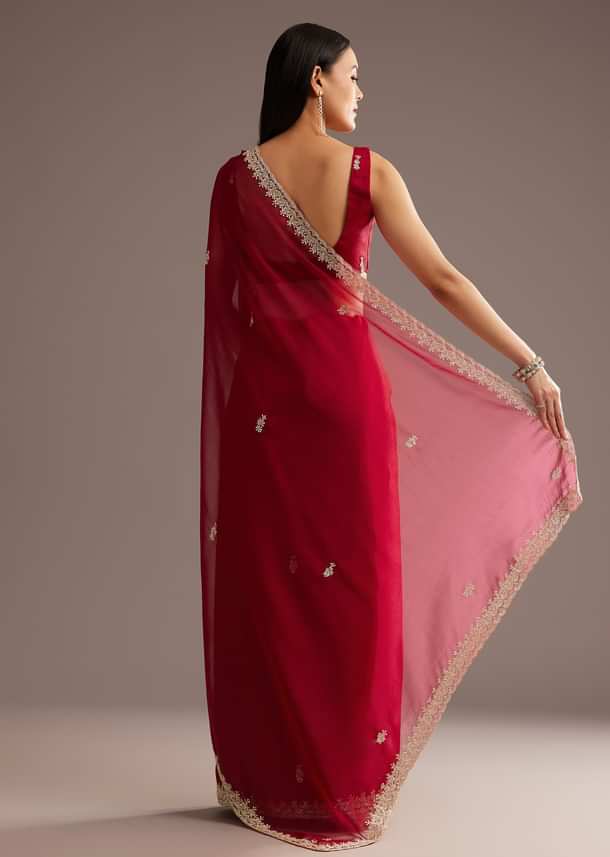 Red Organza Saree With Cutdana And Sequins Border Red Organza Saree With Cutdana And Sequins Border