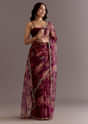 Red Organza Saree With Floral Print And Hand Embellished Border