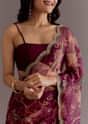 Red Organza Saree With Floral Print And Hand Embellished Border