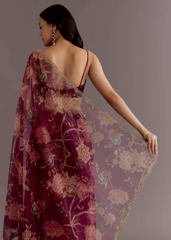 Wine Organza Saree With Floral Print And Hand Embellished Border