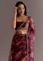 Red Organza Saree With Floral Print And Hand Embellished Border