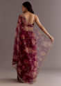 Red Organza Saree With Floral Print And Hand Embellished Border