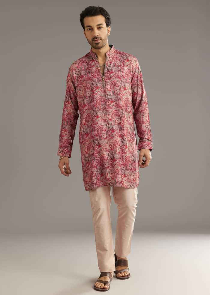 Red Pashmina Silk Zipper Kurta Set With Paisley Swirl Print
