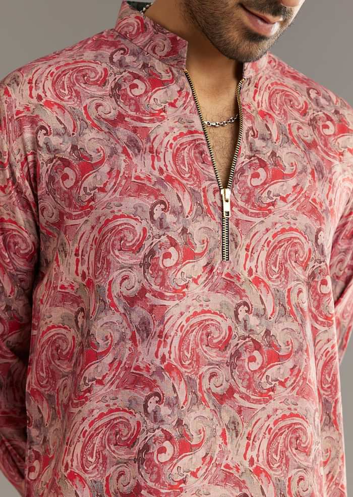 Red Pashmina Silk Zipper Kurta Set With Paisley Swirl Print