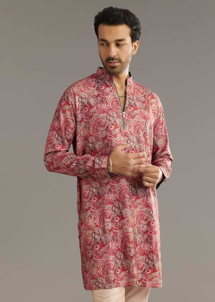 Red Pashmina Silk Zipper Kurta Set With Paisley Swirl Print