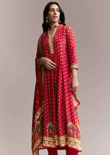 Red Printed Crepe Anarkali Set