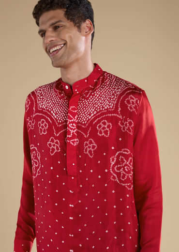 Red Pure Bandhani Silk Mens Straight Kurta Pant Set
